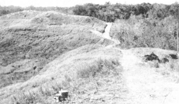 A historic photo shows the view of final line positions on Edson's Ridge in Guadalcanal. The lines barely held during the battle on Sept 13, 1942. The line is as viewed from Marine Corps Maj. Kenneth Bailey's intermediate position.